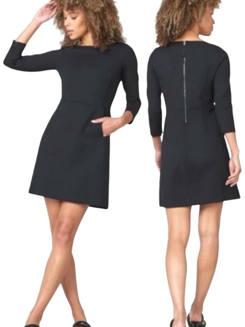 SPANX The Perfect Shift Classic Black Ponte Stretch Dress 3 /4 Sleeves Boatneck